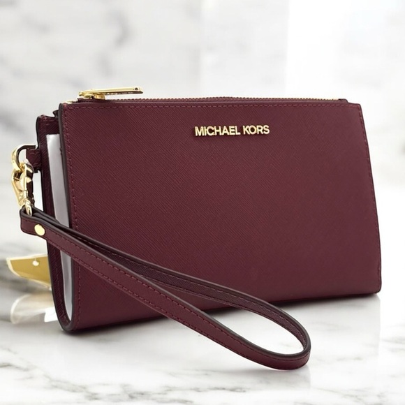 Michael Kors Large Jet Set Travel Double Zip Wallet Dark Cherry - Picture 1 of 9